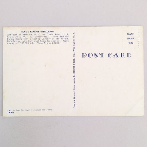 Vintage Postcard 1950s Buck's Famous Restaurant Asheville North Carolina Unused - Picture 2 of 2